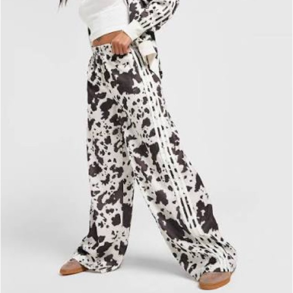 adidas Wide Leg Cow Print Track Pants in White and Brown - Picture 2 of 13